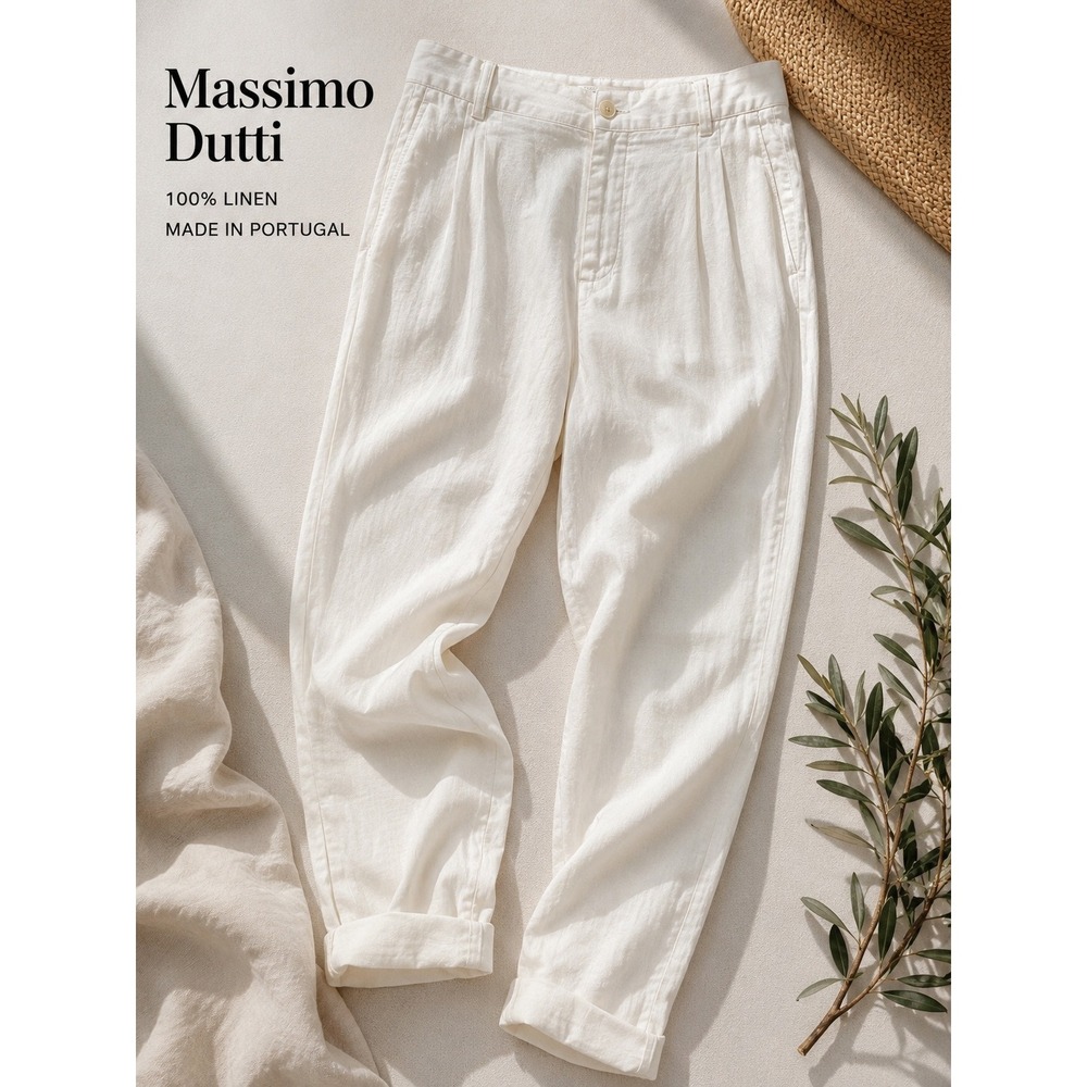 Massimo Dutti 100% Linen Ivory Pleated Trousers Relaxed High Rise Pants 10